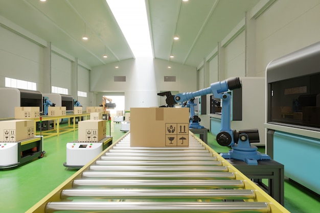 L'interno del magazzino nel centro logistico ha il braccio agv / robot.