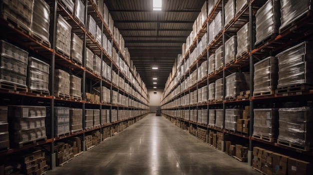 Interior of a warehouse with rows and rows of boxes of shelves full of goods