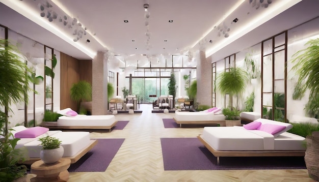 Photo interior of a wellness center with calming decor treatment rooms and fitness spaces creating a seren...