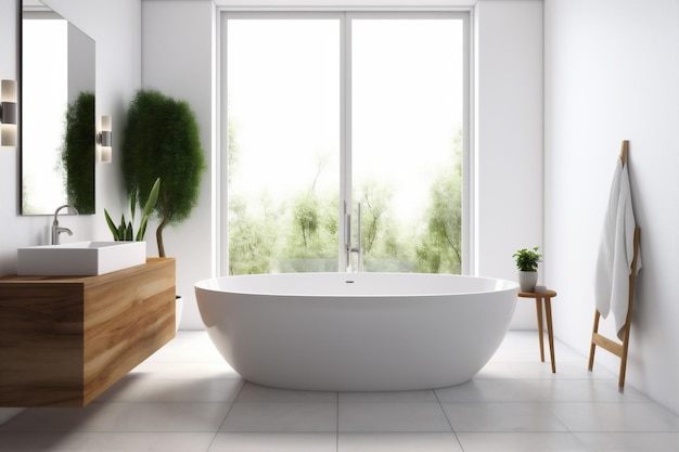 Interior white architecture house bathtub luxury modern wood home relaxation bathroom Generative AI