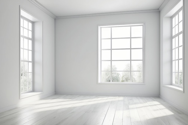 Interior white empty room with two window in 3d rendering