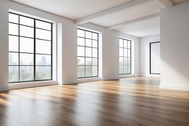 Photo interior white empty room with windows in wood floor in 3d rendering