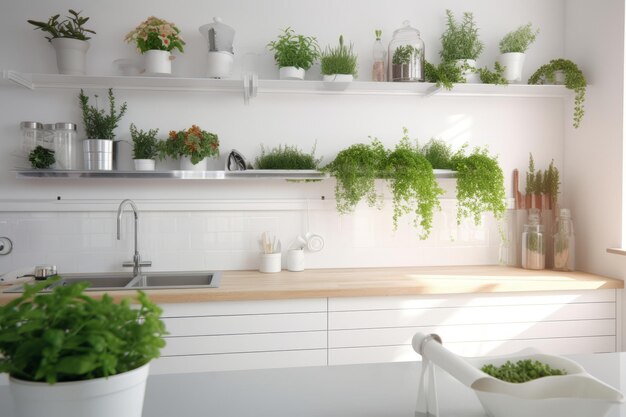 The interior of a white kitchen with a wooden countertop with a sink and green plants