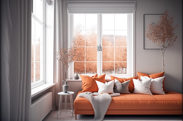 소파가 있는 흰색 거실의 인테리어와 스칸디나비아 스타일로 장식된 창밖의 주황색 전망