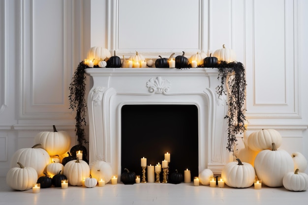 Interior of a white room with a fireplace and candles and black white pumpkins Autumn home decor concept AI Generative