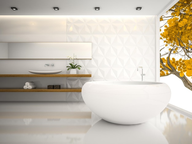 Interior of white stylish bathroom 3D rendering 3