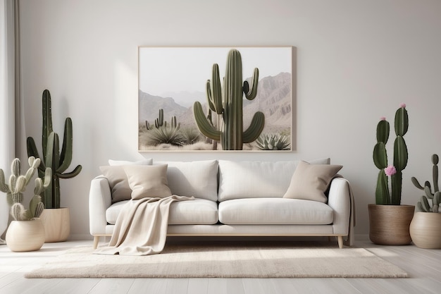 interior in white textured colors Living room beige sofa with a rug and a large cactus