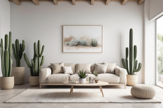 interior in white textured colors Living room beige sofa with a rug and a large cactus