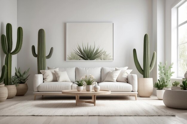 интерьер в белых текстурированных цветах гостиная бежевый диван с ковром и большим кактусом
