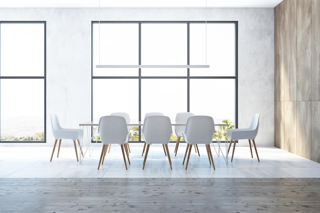 Interior of a white and wooden dining room with large windows, a tiled floor and a long wooden table surrounded by white chairs. 3d rendering mock up