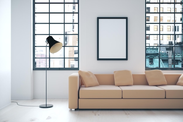 Interior with beige sofa and blank poster