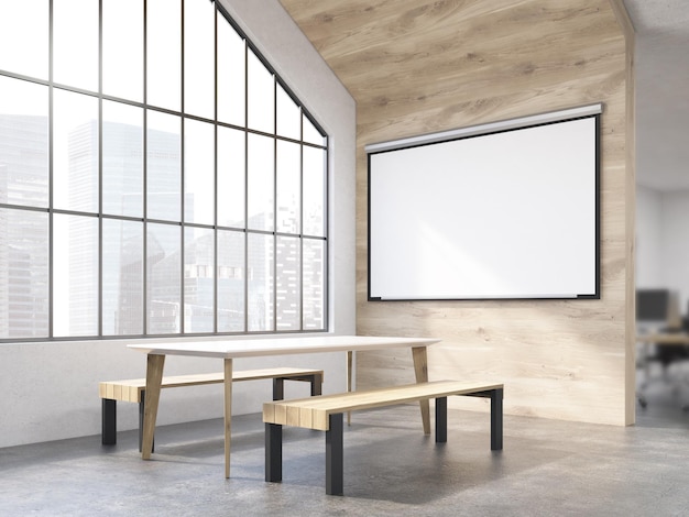 Interior with benches and whiteboard