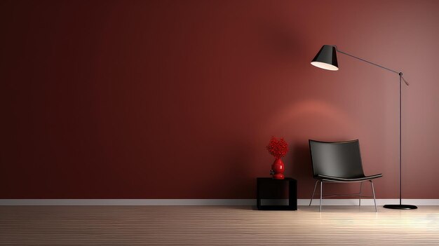 검은색 의자 램프와 빨간색 벽으로 된 인테리어 3D 렌더링