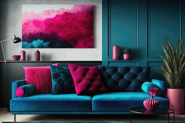 The interior with a blue sofa as the centerpiece with a beautiful painting in shades of pink and white complementing the sofa AI