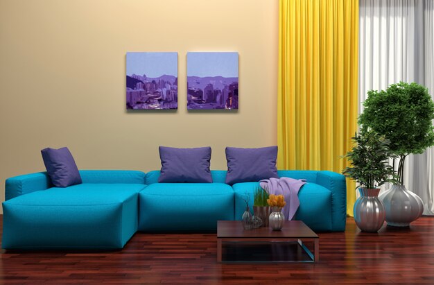 Interior with blue sofa.