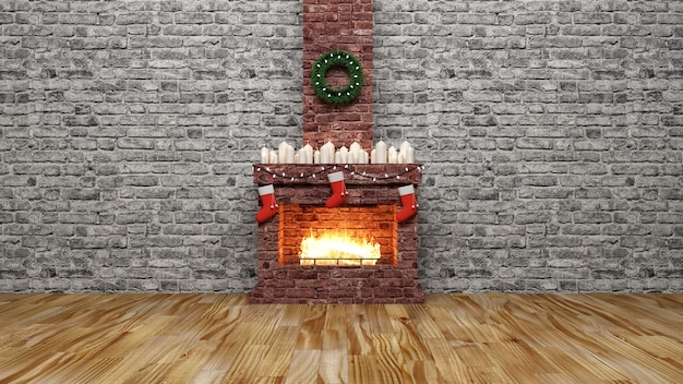 Interior with Burning Fireplace and accessories fo New Year holidays