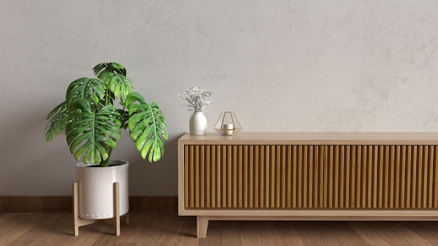 Photo interior with cabinet potted plant on white wall background with wooden flooring