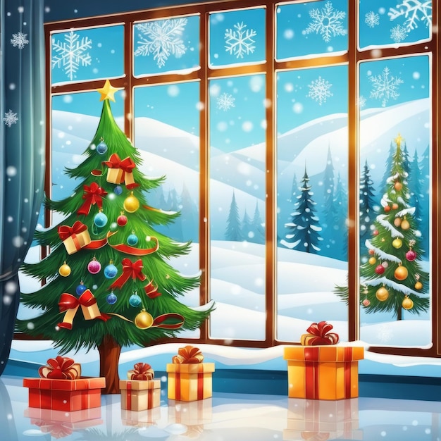 Interior with Christmas Tree and Gifts beside the large glass window snowy background view in window