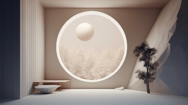 Интерьер с круглой архитектурой в 3D-стиле Абстрактная комната с элементом дуги и деревьями