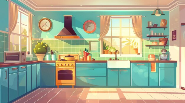 An interior with contemporary furniture and appliances is shown in this cartoon illustration A cooking room with large windows and cabinetry with utensils is shown in a cozy kitchen setting