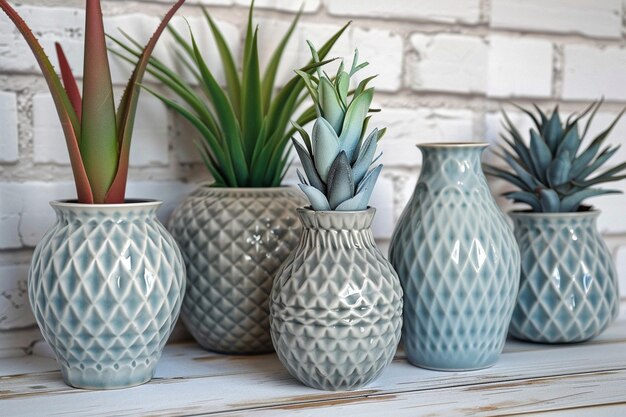 Photo interior with decorative vases and plant on table top and white brick wall background