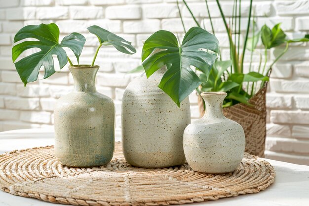 Interior with decorative vases and plant on table top and white brick wall background