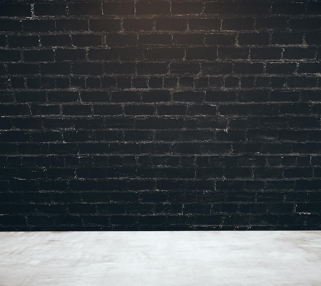 Interior with empty black brick wall and wooden floor Mock up 3D Rendering