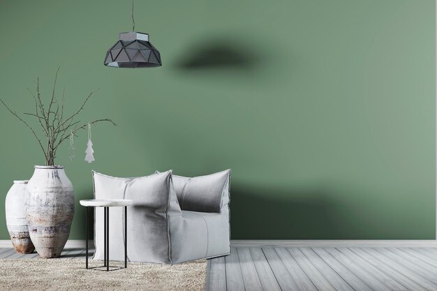 空の緑の壁の白いアームチェアと小さなサイドテーブルの3Dレンダリングを備えたインテリア