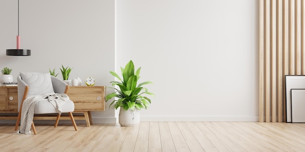 Interior with a gray armchair on empty white wall background