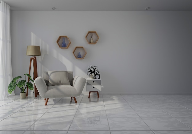 Interior with gray velvet armchair in living room with white wall