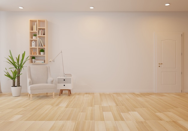 Interior with gray velvet armchair in living room with white wall