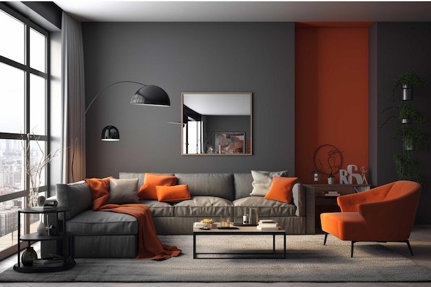 Interior with grey sofa orange armchair and coffee table 3d render