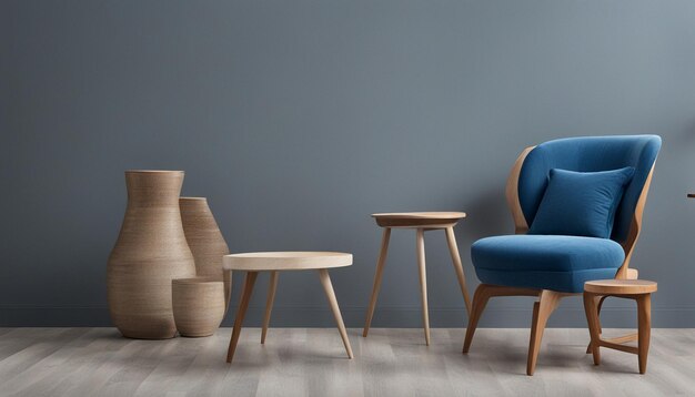 Фото Интерьер с серой стеной синего кресла и деревянного прилавка