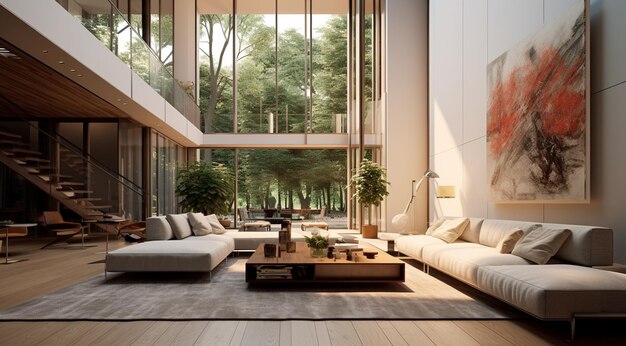 interior with large spaces with windows to the outside and generative modern furniture IA