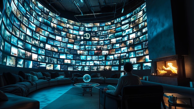 interior with man in a control room with dozens of monitors