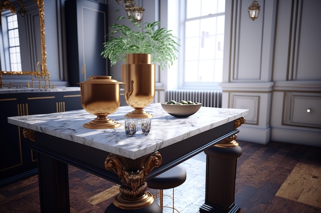 Interior with a mix of historical and modern luxury Kitchen island made of marble with wooden stools Brown wood table with a metallic gold vase and tray and white ornaments