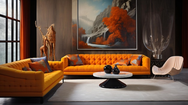 Interior with orange sofa in modern living room