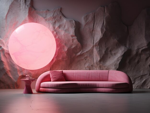 Interior with pink sofa and stone wall in modern living room for comfortable relaxation Ai generated