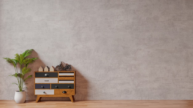 Interior with raw concrete wall ,tree and wood side table sideboard empty wall background