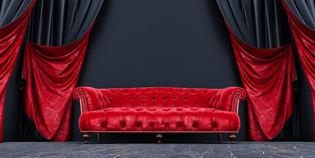 Интерьер с красным диваном и черно-красными шторами красный диван и черная стена 3d визуализация