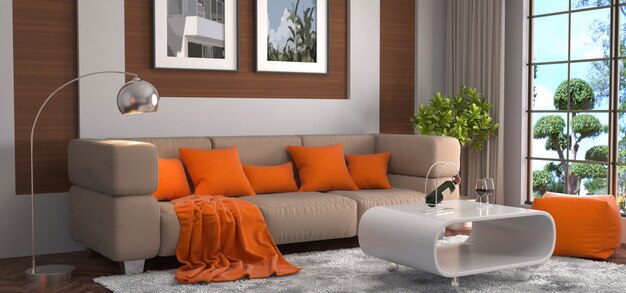 Interior with sofa rendered illustration