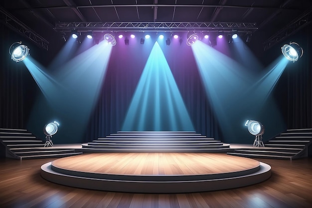 Фото Интерьер со сценой и светящимися проекторами 3d векторная иллюстрация