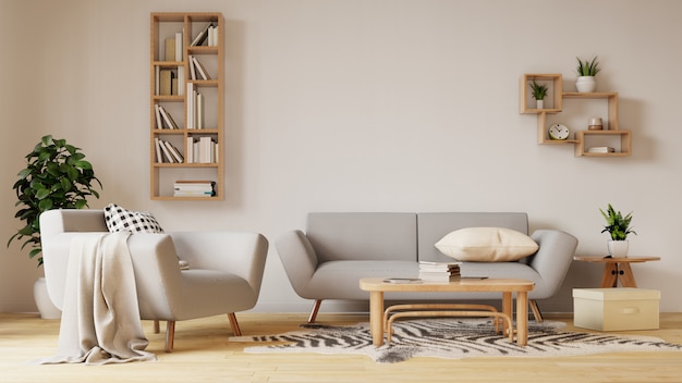 Interior with velvet armchair in living room with white wall. 3D rendering.