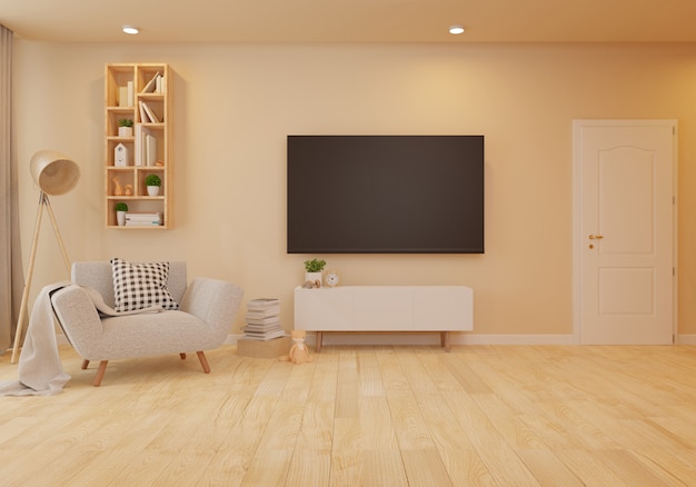 Interior with velvet armchair in living room with white wall