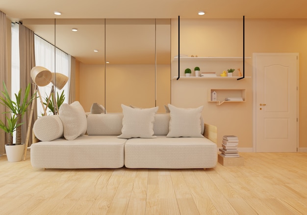 Interior with velvet sofa in living room with white wall