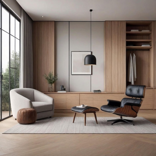 Foto interno con armadio in legno e poltrona rendering 3d