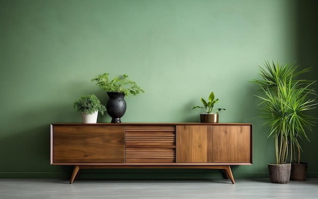 Interior with Wooden Sideboard and Plants on Green Background Generative AI