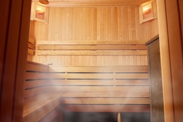 The interior of a wooden bathhouse wooden shelving opy space