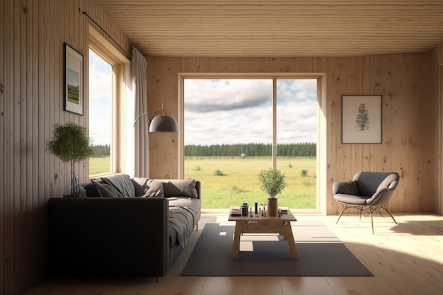 Interior of a wooden living room with a couch and armchair a coffee table on a carpeted and parquet floor and a panoramic window overlooking the countryside a sparse guestroom