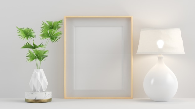 Interior wooden poster frame with plant and lamp minimal 3d rendering mockup